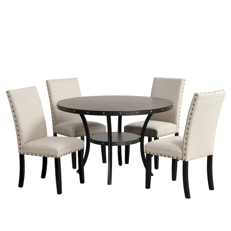 Round Nailhead Trim Dining Table with Lower Shelf, Curved Legs, Smoke & Grey