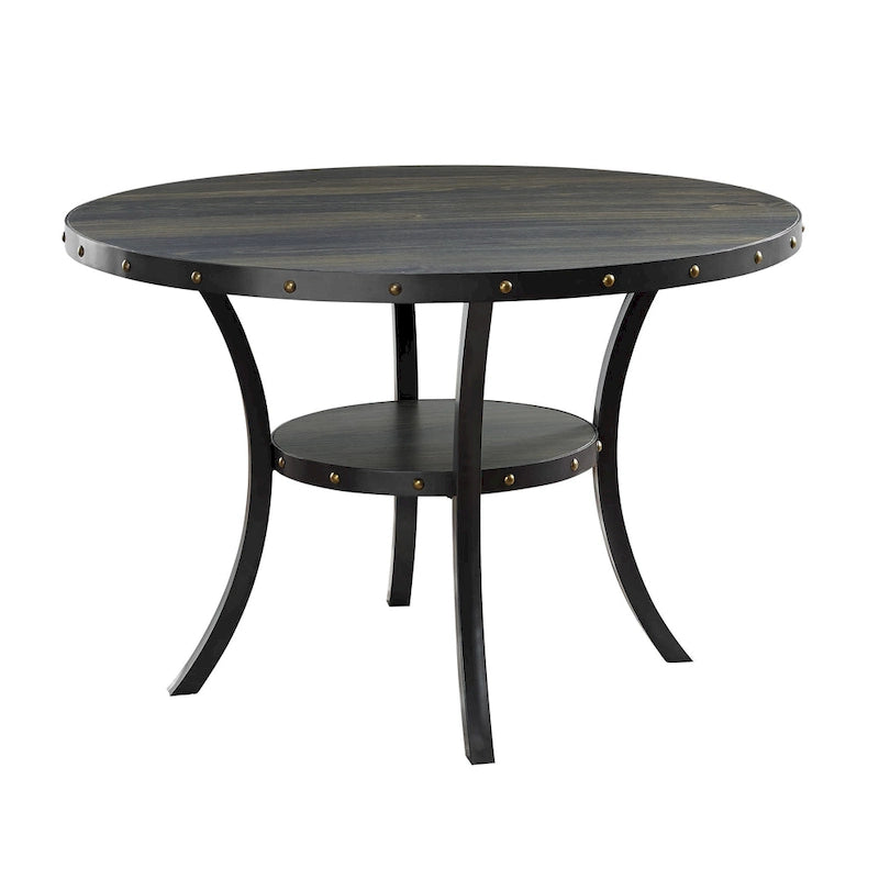 Round Nailhead Trim Dining Table with Lower Shelf, Curved Legs, Smoke & Grey