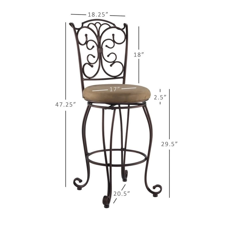 Brown Scroll-Back Metal Bar Height Stool with Microfiber Padded Seat