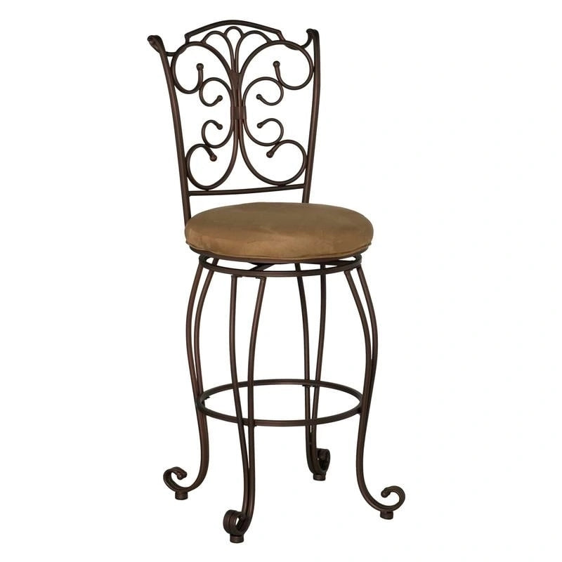 Brown Scroll-Back Metal Bar Height Stool with Microfiber Padded Seat