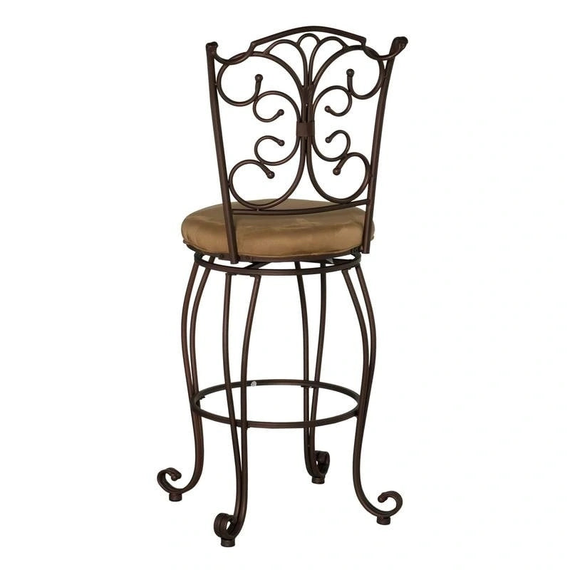 Brown Scroll-Back Metal Bar Height Stool with Microfiber Padded Seat