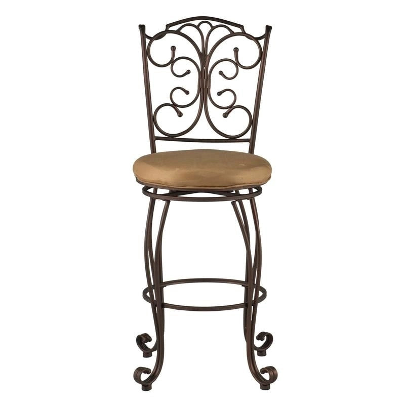 Brown Scroll-Back Metal Bar Height Stool with Microfiber Padded Seat