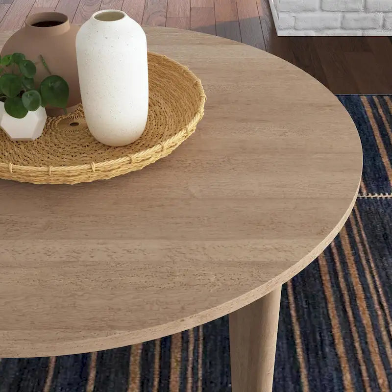 Mid-Century Boho Round Dining Table Brown Oak Sustainably Harvested Wood