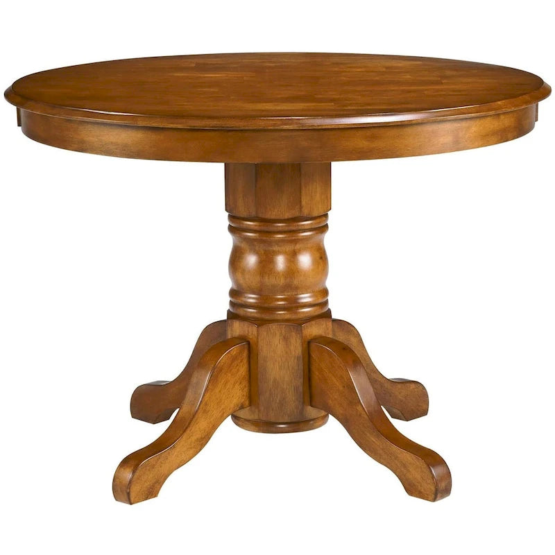 Round Hardwood Pedestal Dining Table Polished Brown Oak Finish