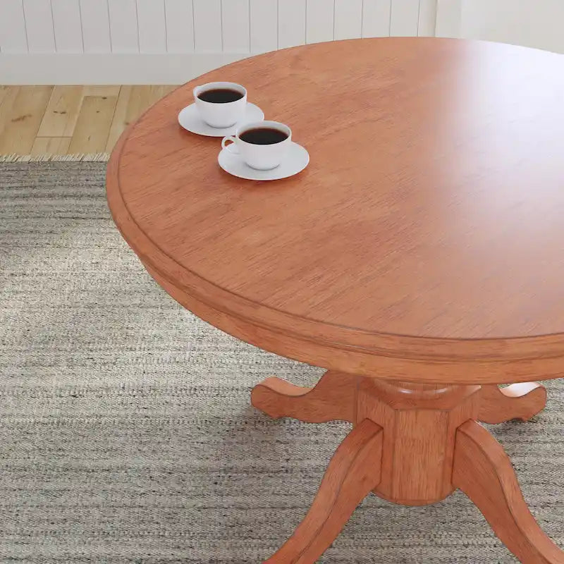 Round Hardwood Pedestal Dining Table Polished Brown Oak Finish