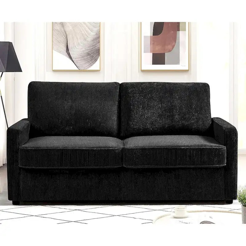 Corduroy Square Arms Sleeper Sofa with Pull-Out Foam Mattress