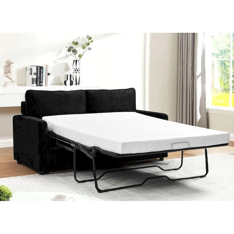Corduroy Square Arms Sleeper Sofa with Pull-Out Foam Mattress