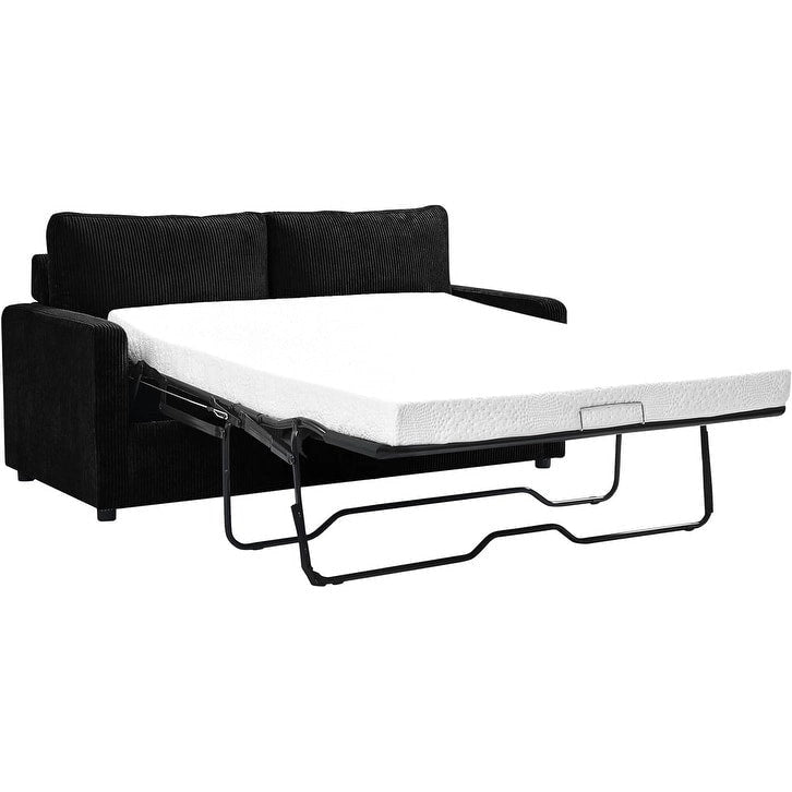 Corduroy Square Arms Sleeper Sofa with Pull-Out Foam Mattress