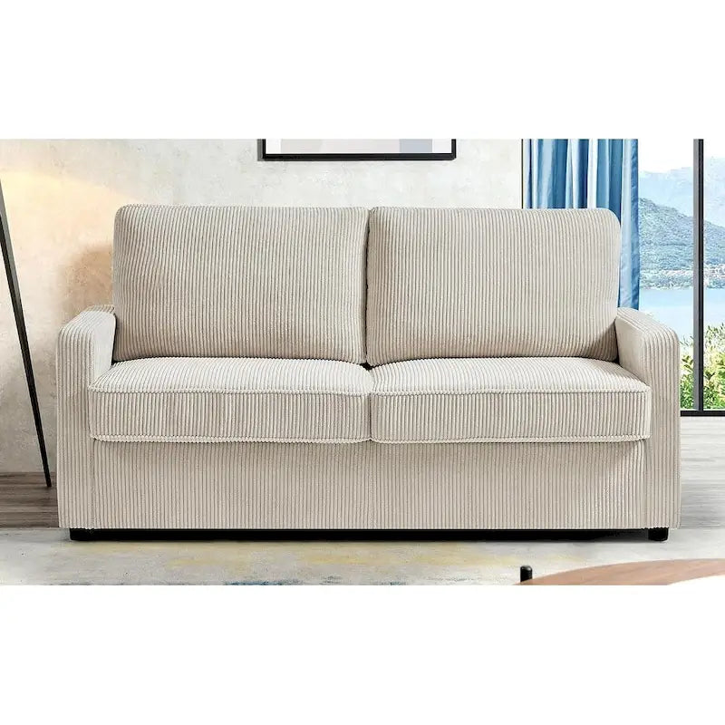 Corduroy Square Arms Sleeper Sofa with Pull-Out Foam Mattress