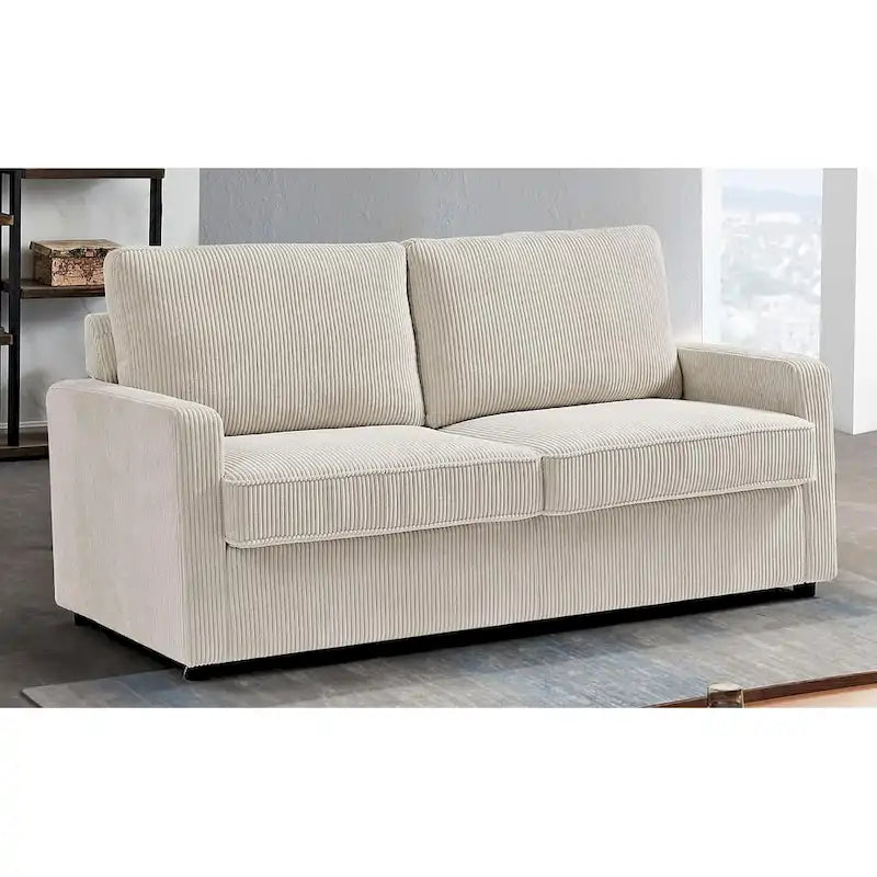 Corduroy Square Arms Sleeper Sofa with Pull-Out Foam Mattress