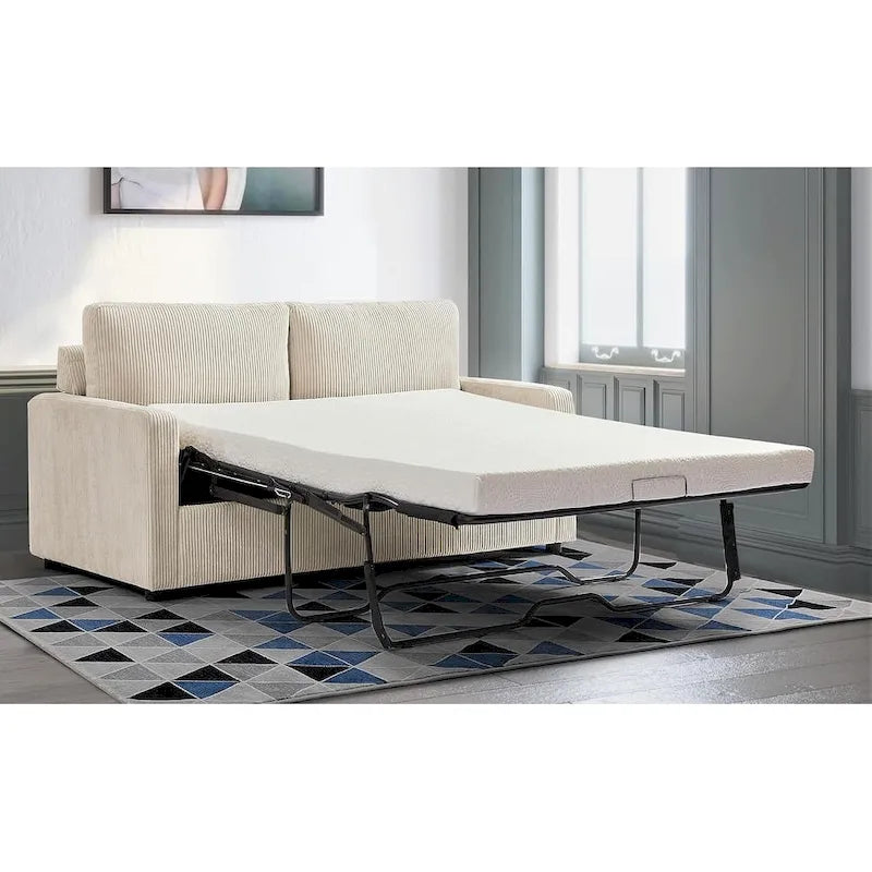 Corduroy Square Arms Sleeper Sofa with Pull-Out Foam Mattress