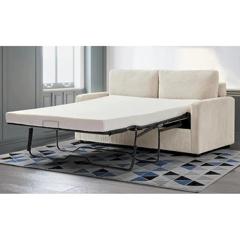 Corduroy Square Arms Sleeper Sofa with Pull-Out Foam Mattress