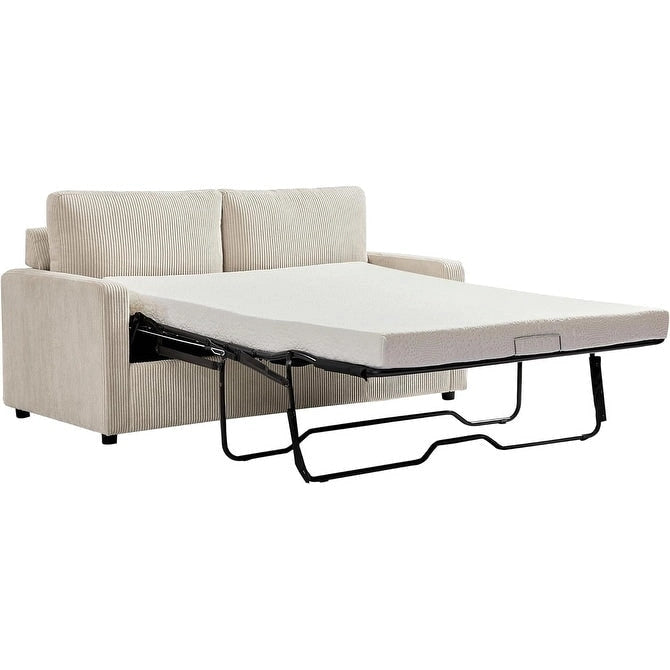 Corduroy Square Arms Sleeper Sofa with Pull-Out Foam Mattress