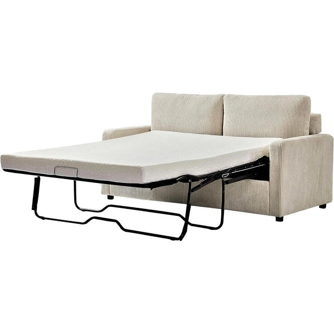 Corduroy Square Arms Sleeper Sofa with Pull-Out Foam Mattress