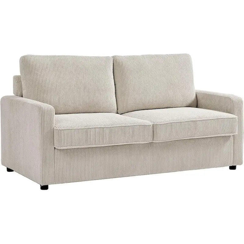 Corduroy Square Arms Sleeper Sofa with Pull-Out Foam Mattress