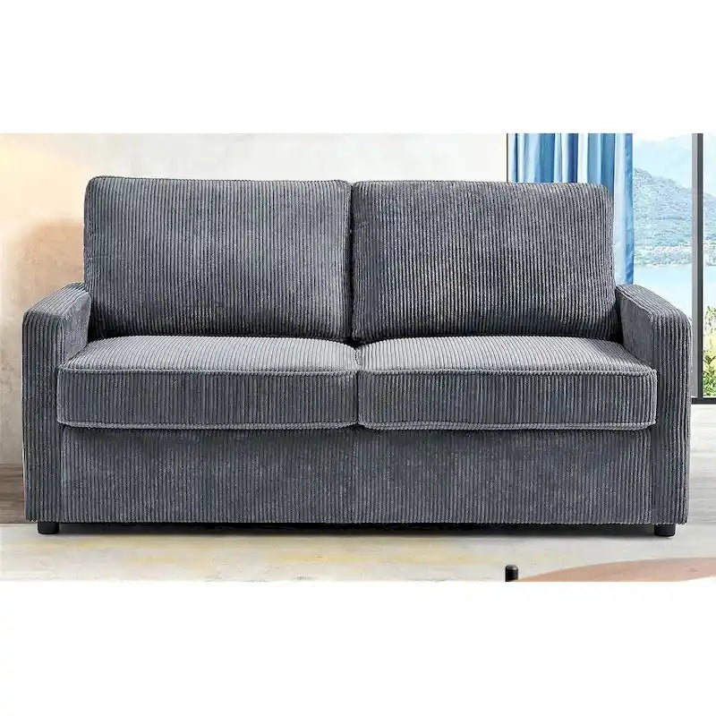 Corduroy Square Arms Sleeper Sofa with Pull-Out Foam Mattress