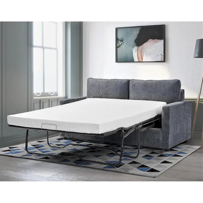 Corduroy Square Arms Sleeper Sofa with Pull-Out Foam Mattress
