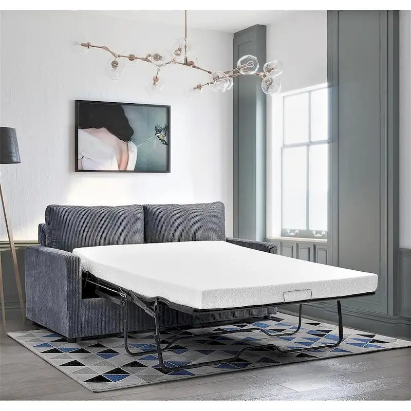 Corduroy Square Arms Sleeper Sofa with Pull-Out Foam Mattress