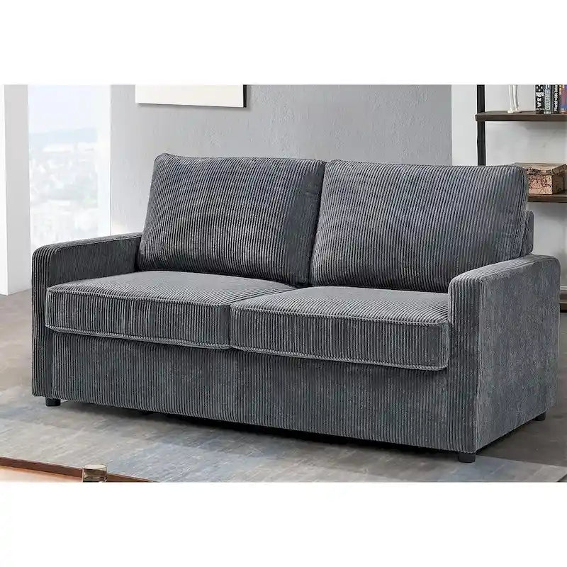 Corduroy Square Arms Sleeper Sofa with Pull-Out Foam Mattress