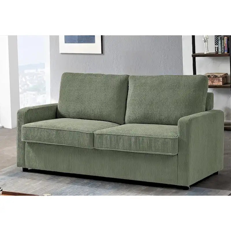 Corduroy Square Arms Sleeper Sofa with Pull-Out Foam Mattress