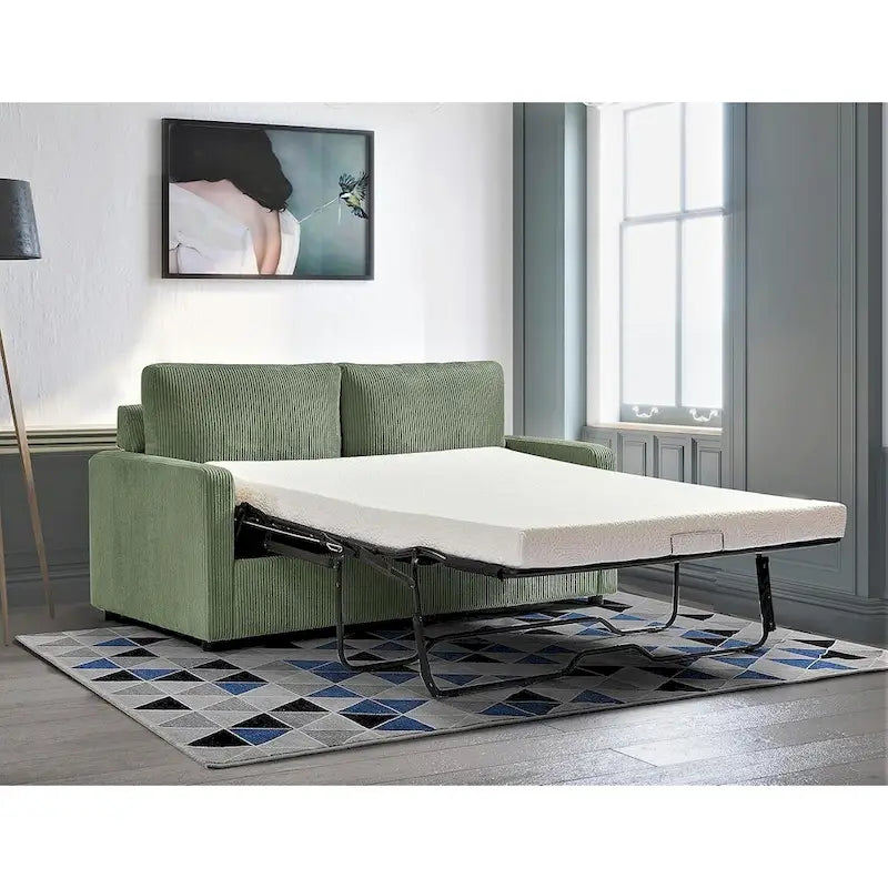 Corduroy Square Arms Sleeper Sofa with Pull-Out Foam Mattress
