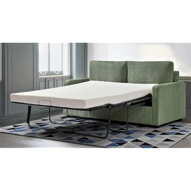 Corduroy Square Arms Sleeper Sofa with Pull-Out Foam Mattress