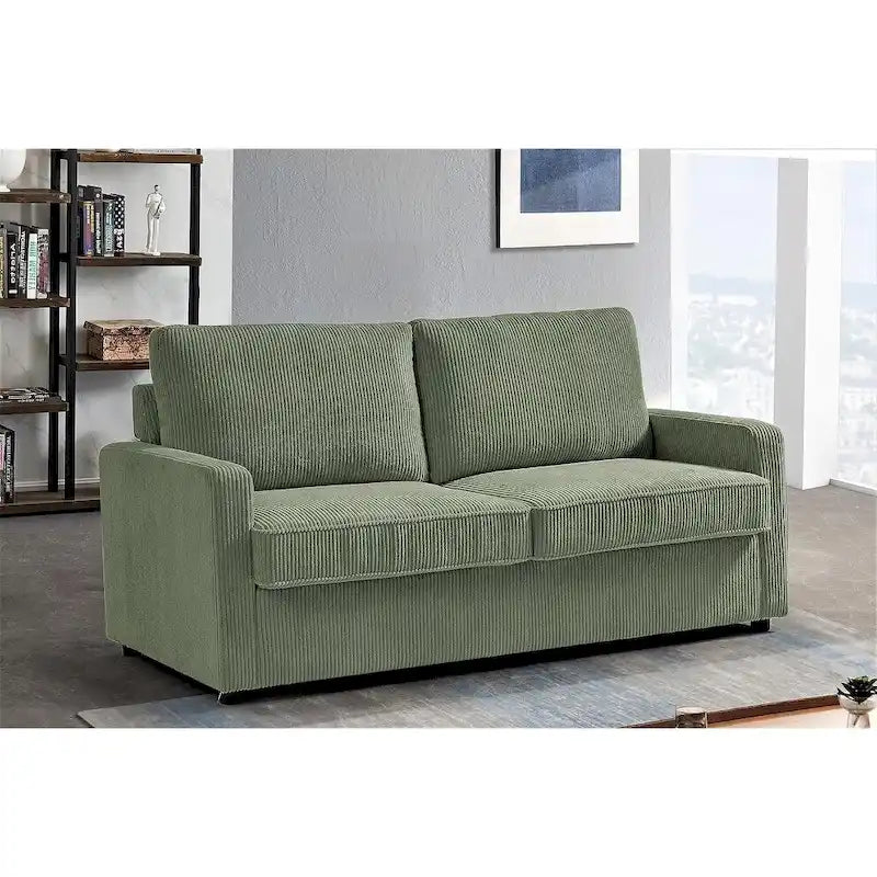 Corduroy Square Arms Sleeper Sofa with Pull-Out Foam Mattress