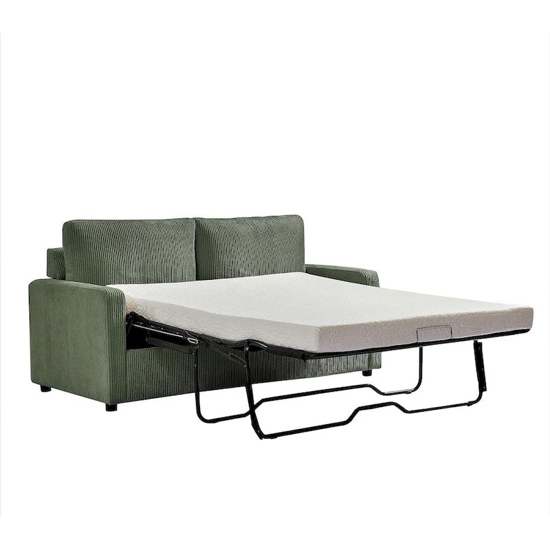 Corduroy Square Arms Sleeper Sofa with Pull-Out Foam Mattress
