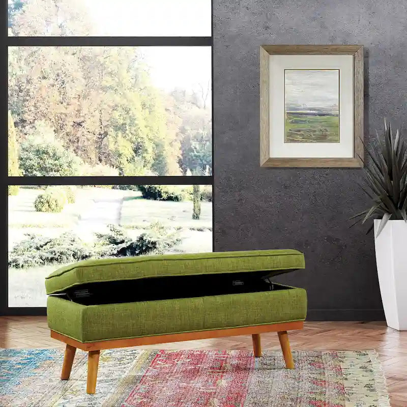 Mid-Century Upholstered Storage Bench with Nail-Head Accents and Wood Legs