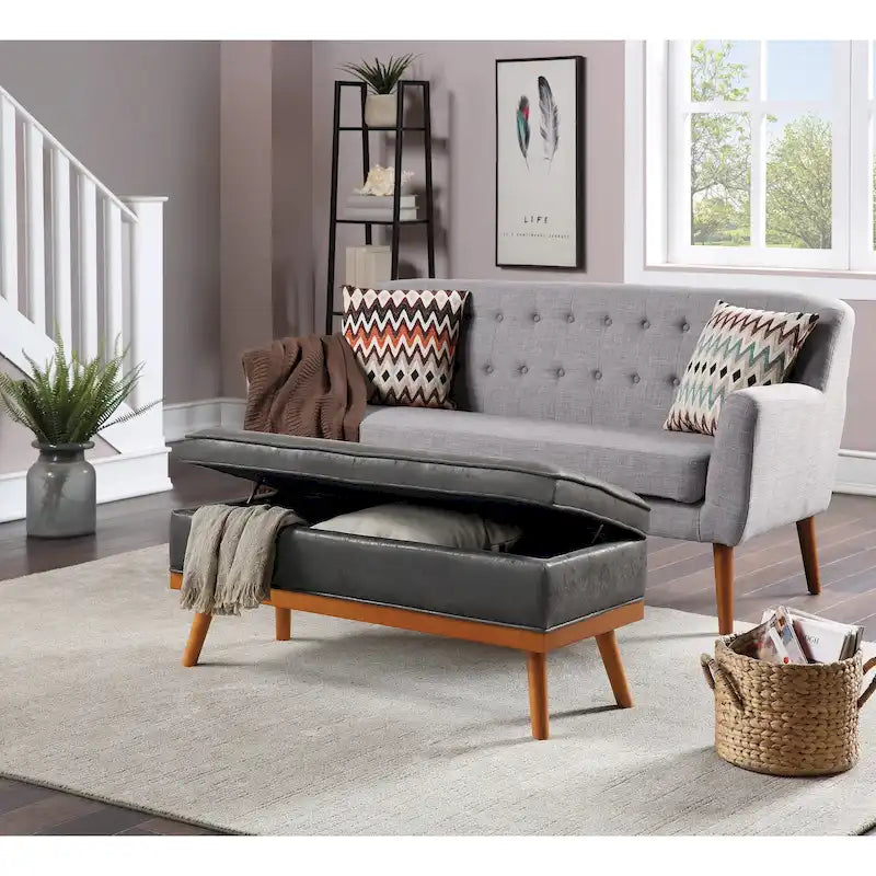 Mid-Century Upholstered Storage Bench with Nail-Head Accents and Wood Legs