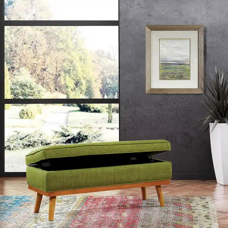Mid-Century Upholstered Storage Bench with Nail-Head Accents and Wood Legs