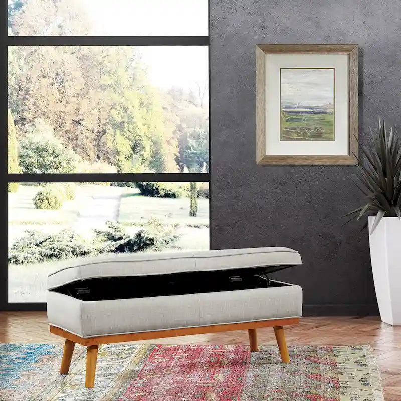 Mid-Century Upholstered Storage Bench with Nail-Head Accents and Wood Legs