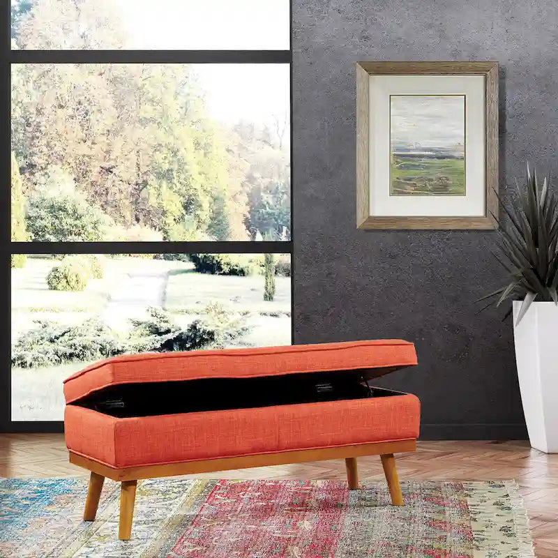 Mid-Century Upholstered Storage Bench with Nail-Head Accents and Wood Legs