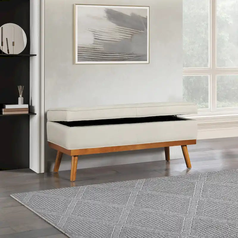 Mid-Century Upholstered Storage Bench with Nail-Head Accents and Wood Legs