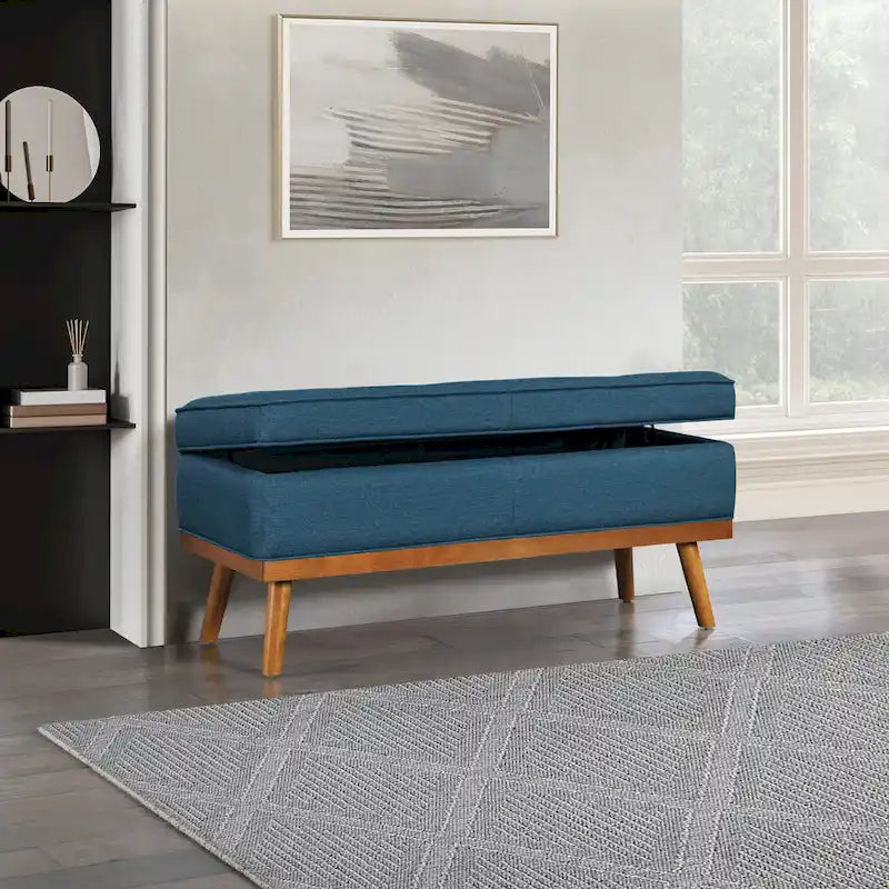 Mid-Century Upholstered Storage Bench with Nail-Head Accents and Wood Legs