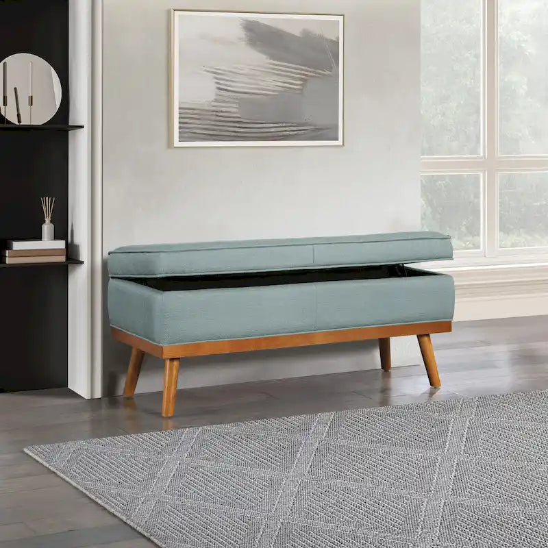 Mid-Century Upholstered Storage Bench with Nail-Head Accents and Wood Legs