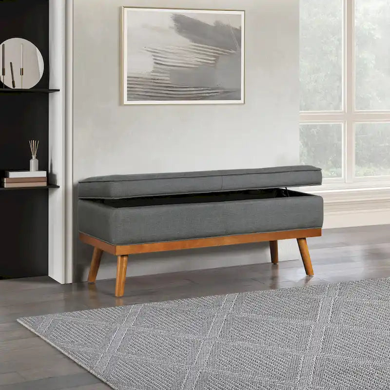 Mid-Century Upholstered Storage Bench with Nail-Head Accents and Wood Legs