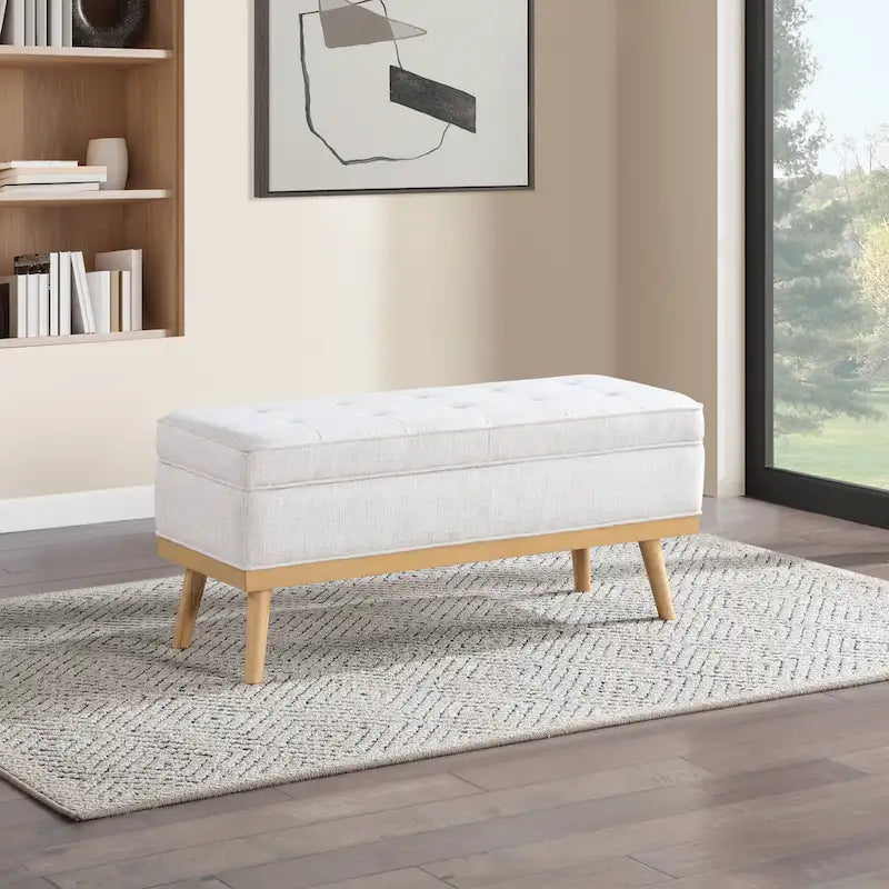Mid-Century Upholstered Storage Bench with Nail-Head Accents and Wood Legs