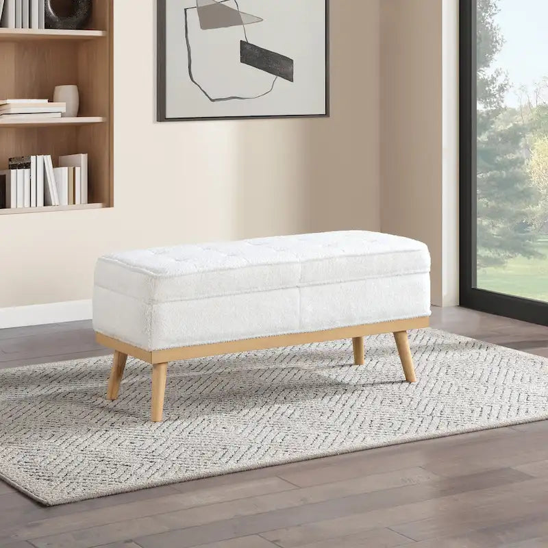 Mid-Century Upholstered Storage Bench with Nail-Head Accents and Wood Legs
