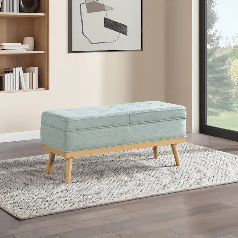 Mid-Century Upholstered Storage Bench with Nail-Head Accents and Wood Legs