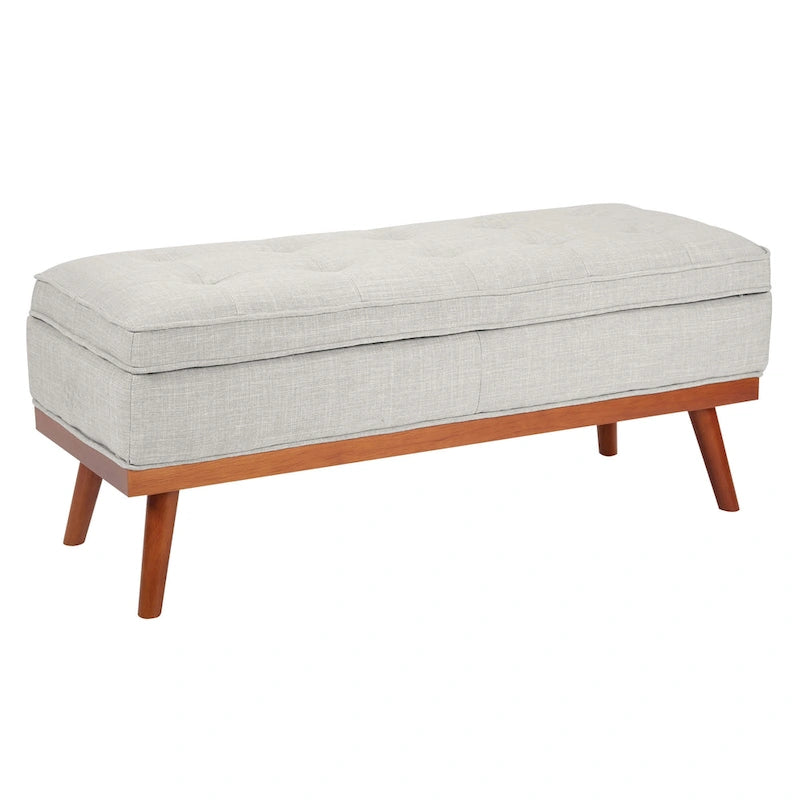 Mid-Century Upholstered Storage Bench with Nail-Head Accents and Wood Legs