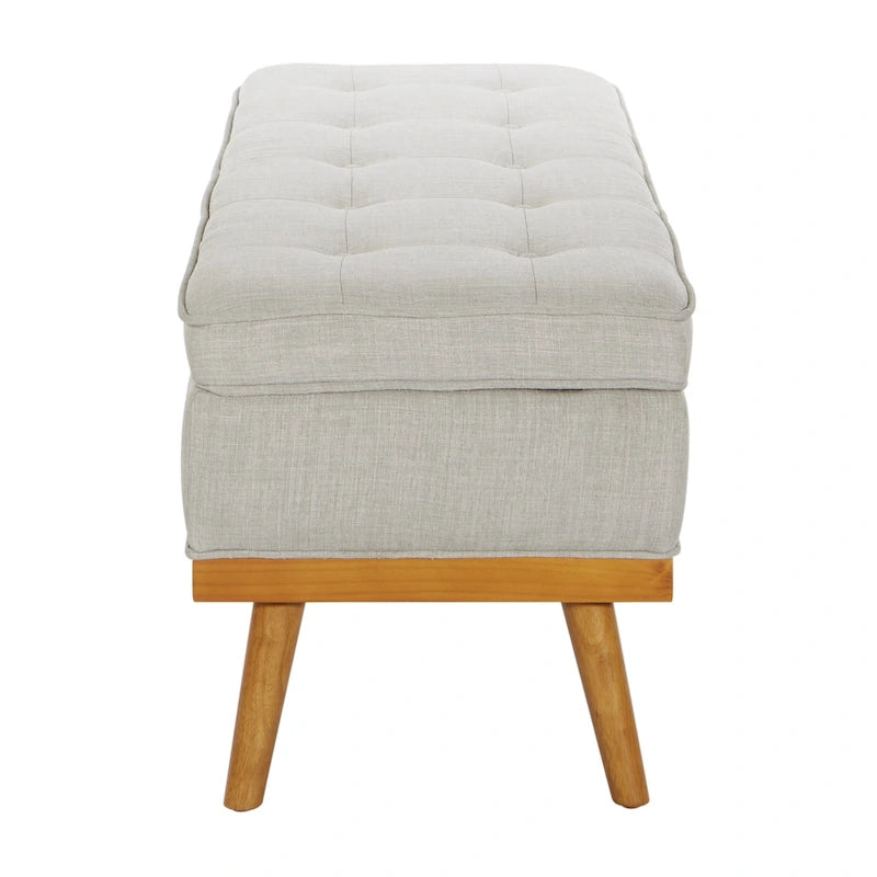 Mid-Century Upholstered Storage Bench with Nail-Head Accents and Wood Legs