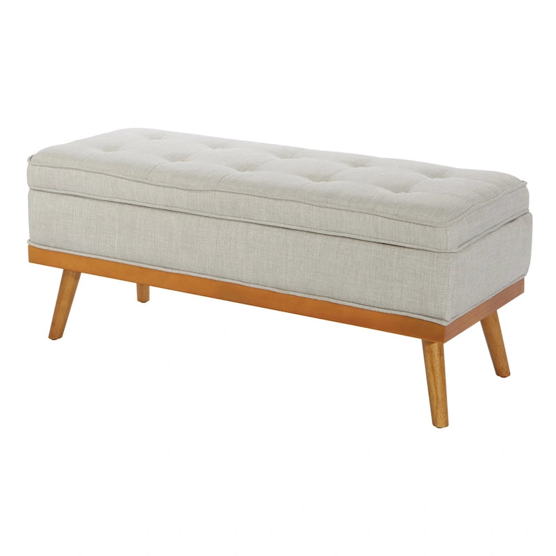 Mid-Century Upholstered Storage Bench with Nail-Head Accents and Wood Legs