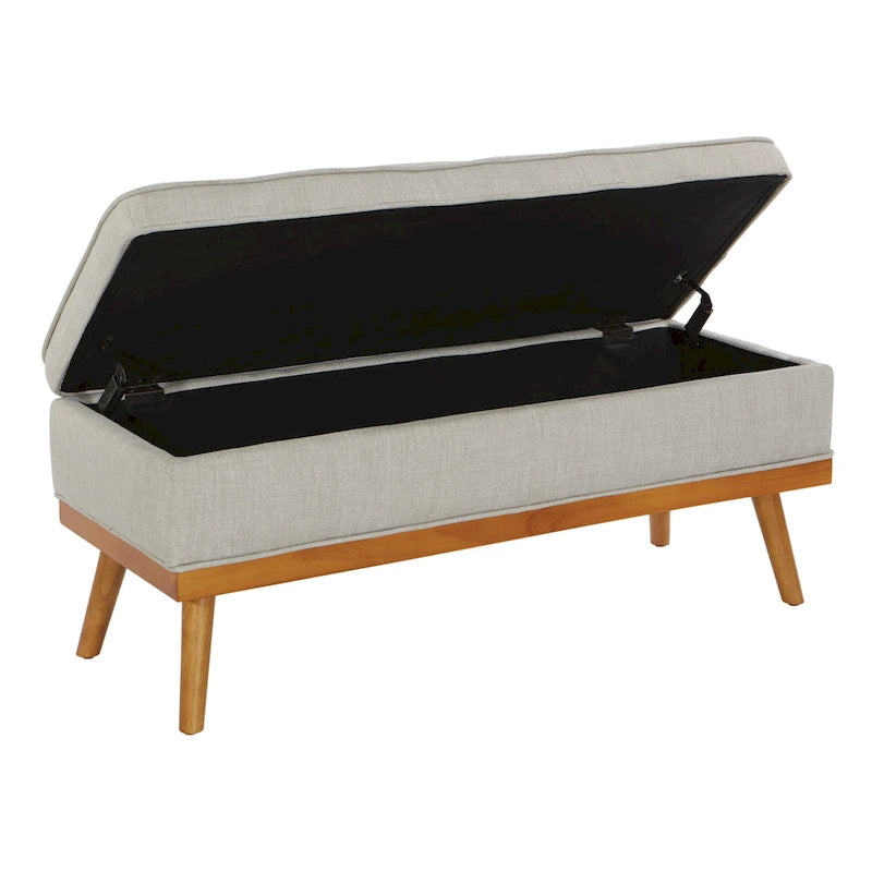 Mid-Century Upholstered Storage Bench with Nail-Head Accents and Wood Legs
