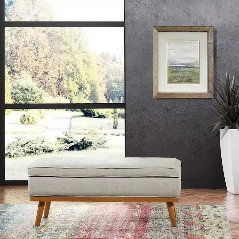 Mid-Century Upholstered Storage Bench with Nail-Head Accents and Wood Legs