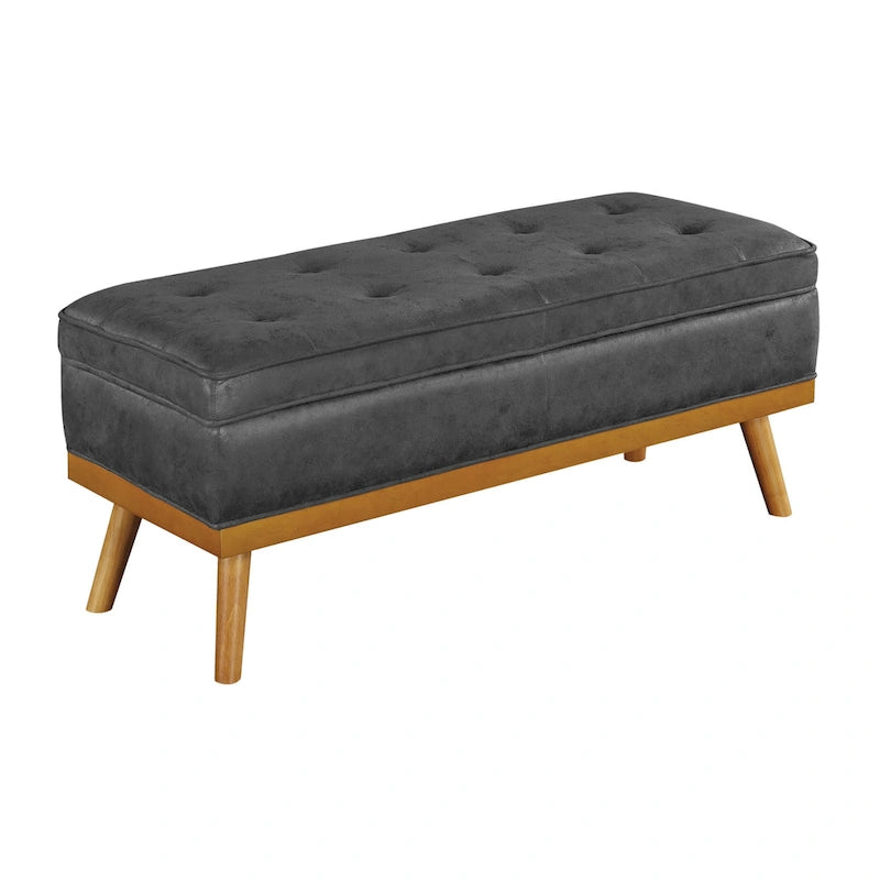 Mid-Century Upholstered Storage Bench with Nail-Head Accents and Wood Legs