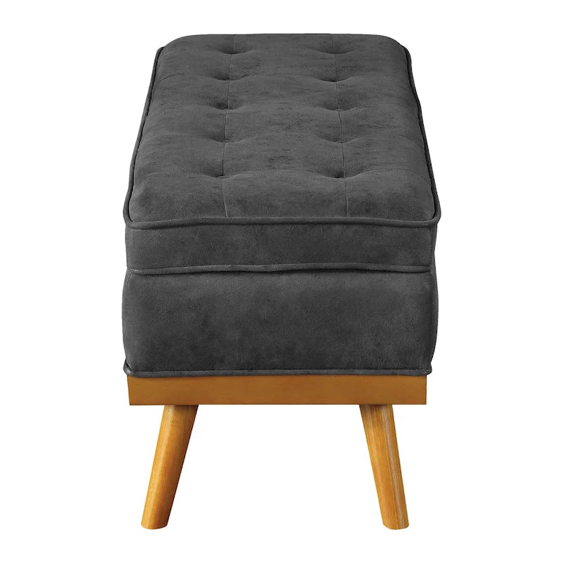 Mid-Century Upholstered Storage Bench with Nail-Head Accents and Wood Legs
