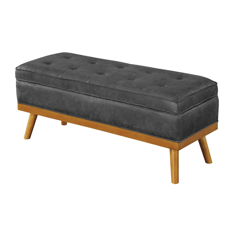 Mid-Century Upholstered Storage Bench with Nail-Head Accents and Wood Legs