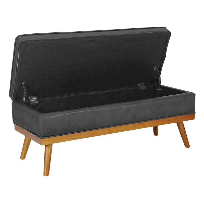 Mid-Century Upholstered Storage Bench with Nail-Head Accents and Wood Legs