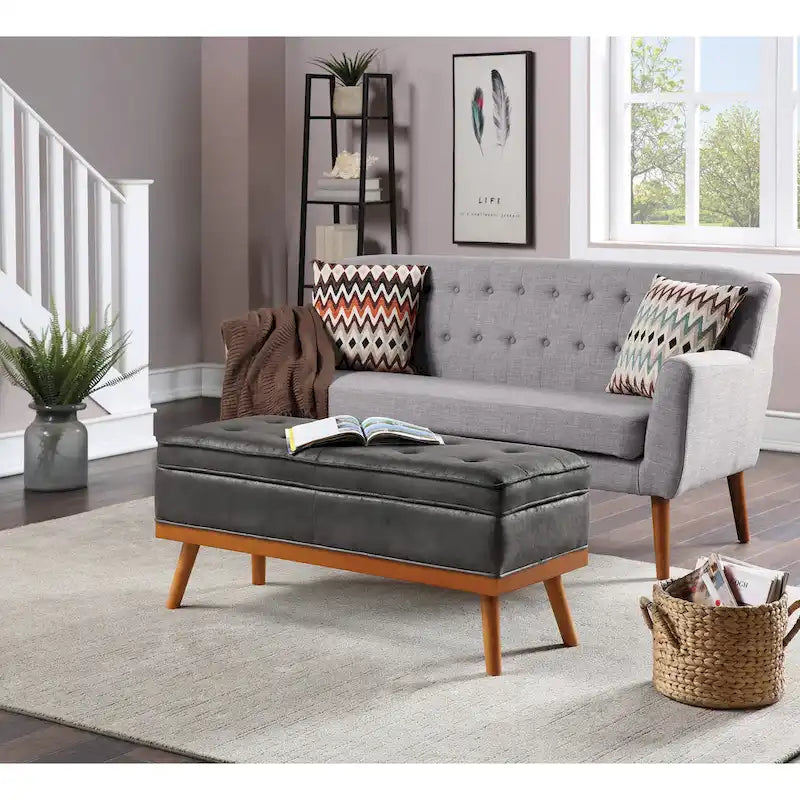 Mid-Century Upholstered Storage Bench with Nail-Head Accents and Wood Legs